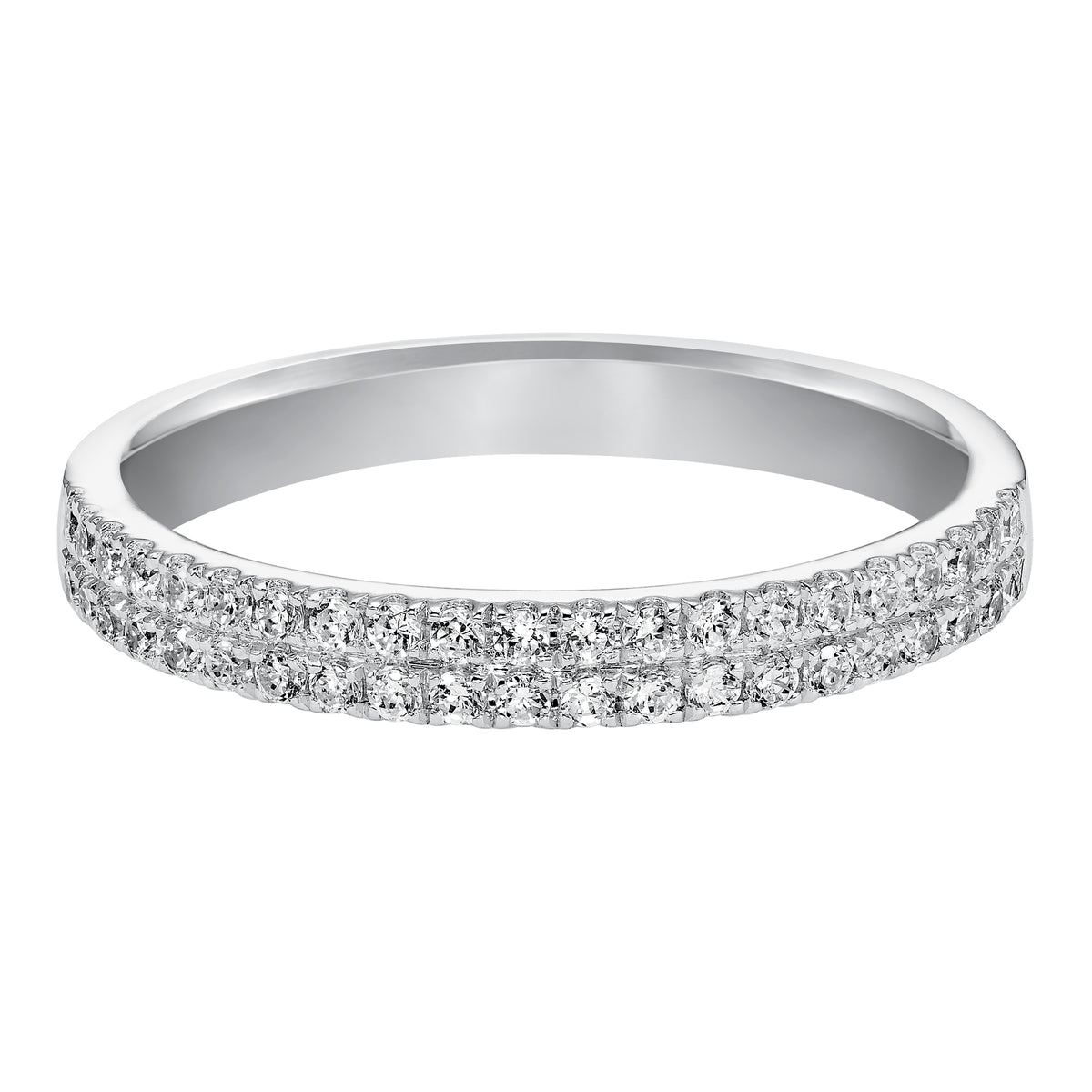 Wedding band with multi-row, round, bead set diamonds.