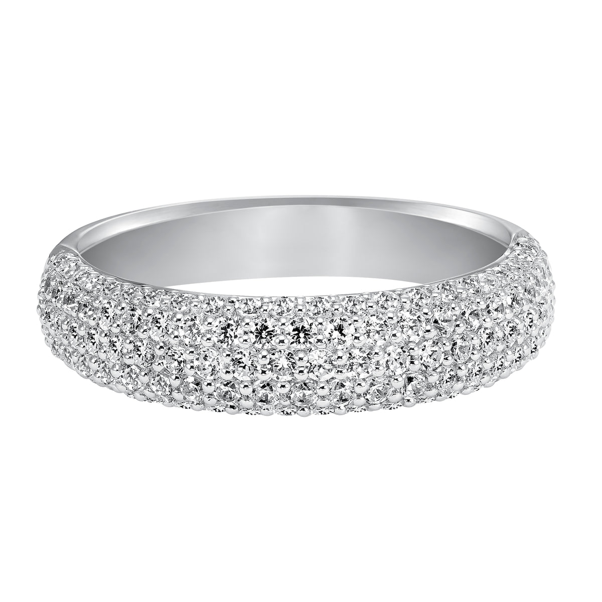 Wedding band with multi-row, round, bead set diamonds.