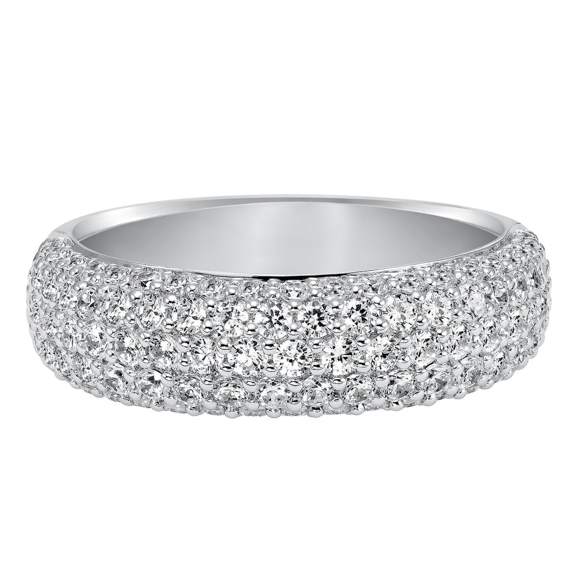 Wedding band with multi-row, round, bead set diamonds.