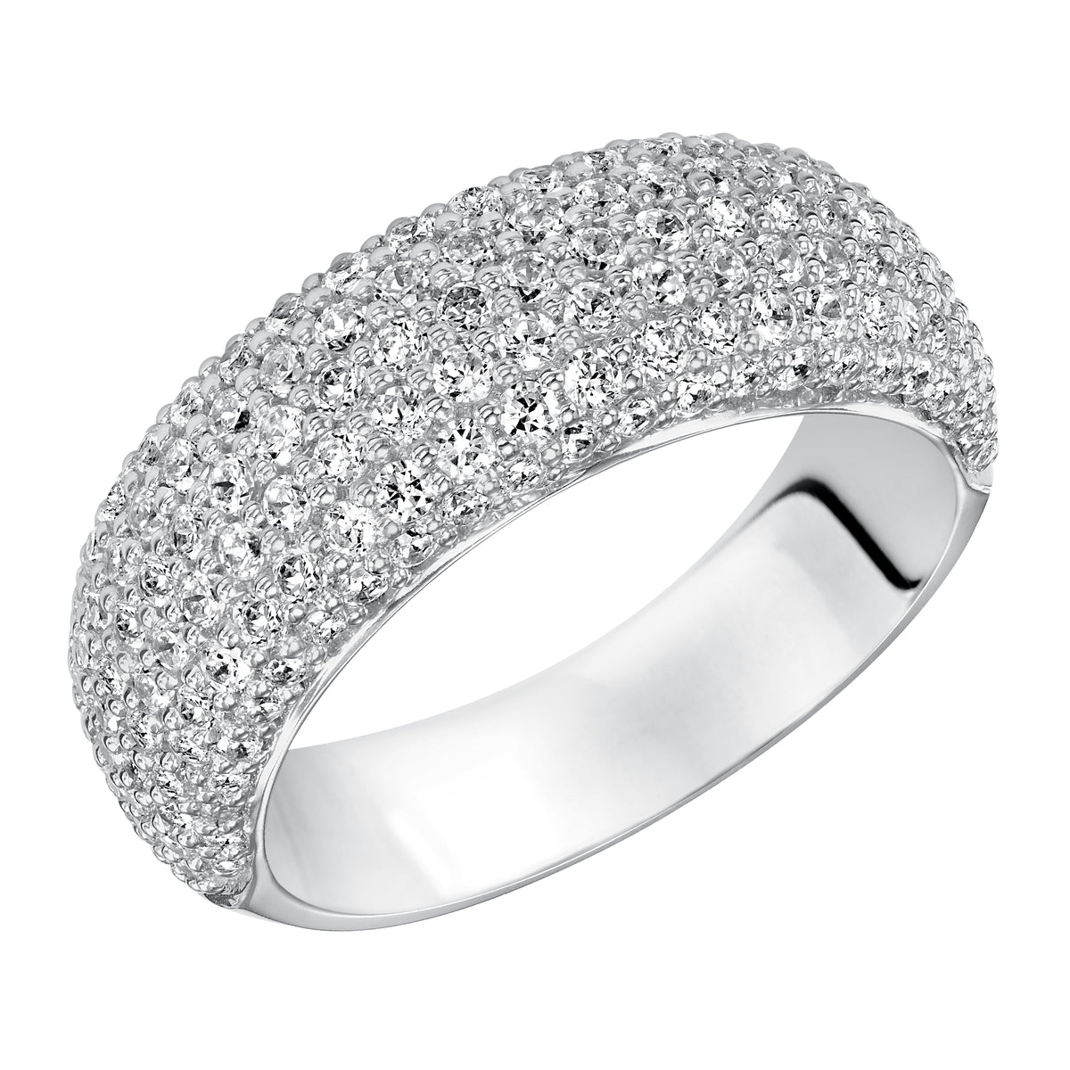 Wedding band with multi-row, round, bead set diamonds.