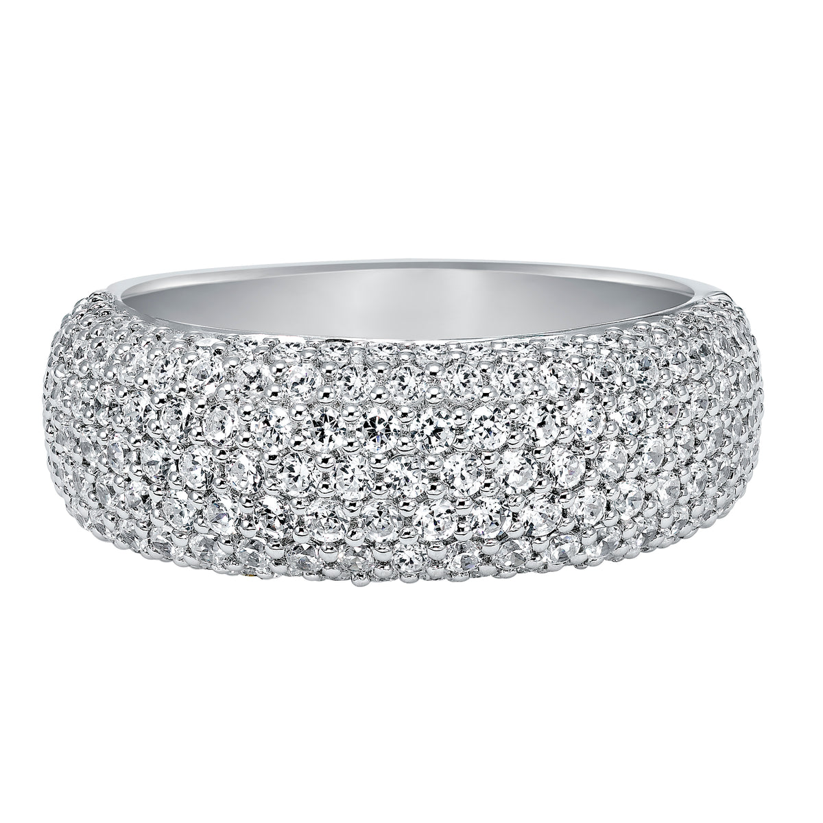 Wedding band with multi-row, round, bead set diamonds.