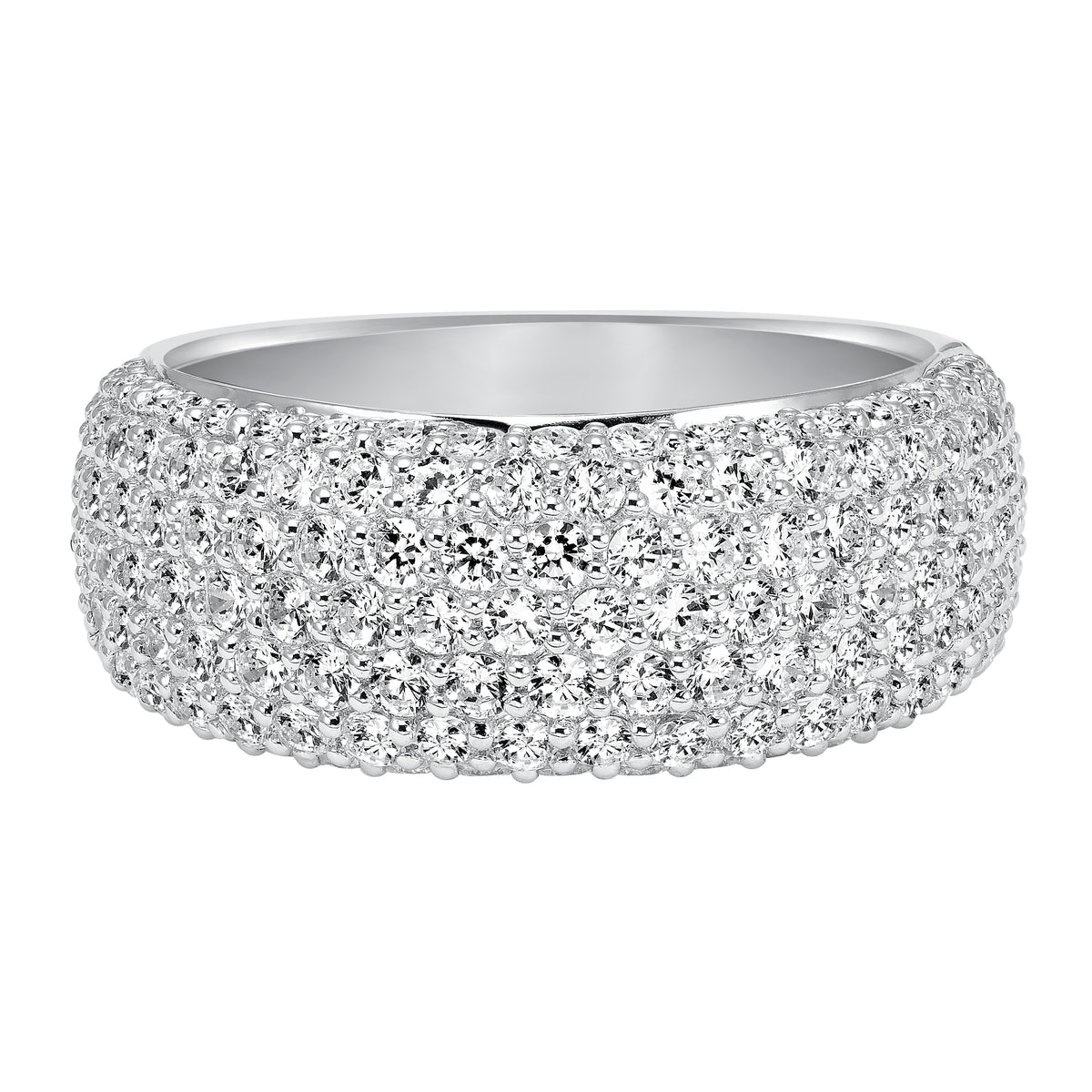 Wedding band with multi-row, round, bead set diamonds.
