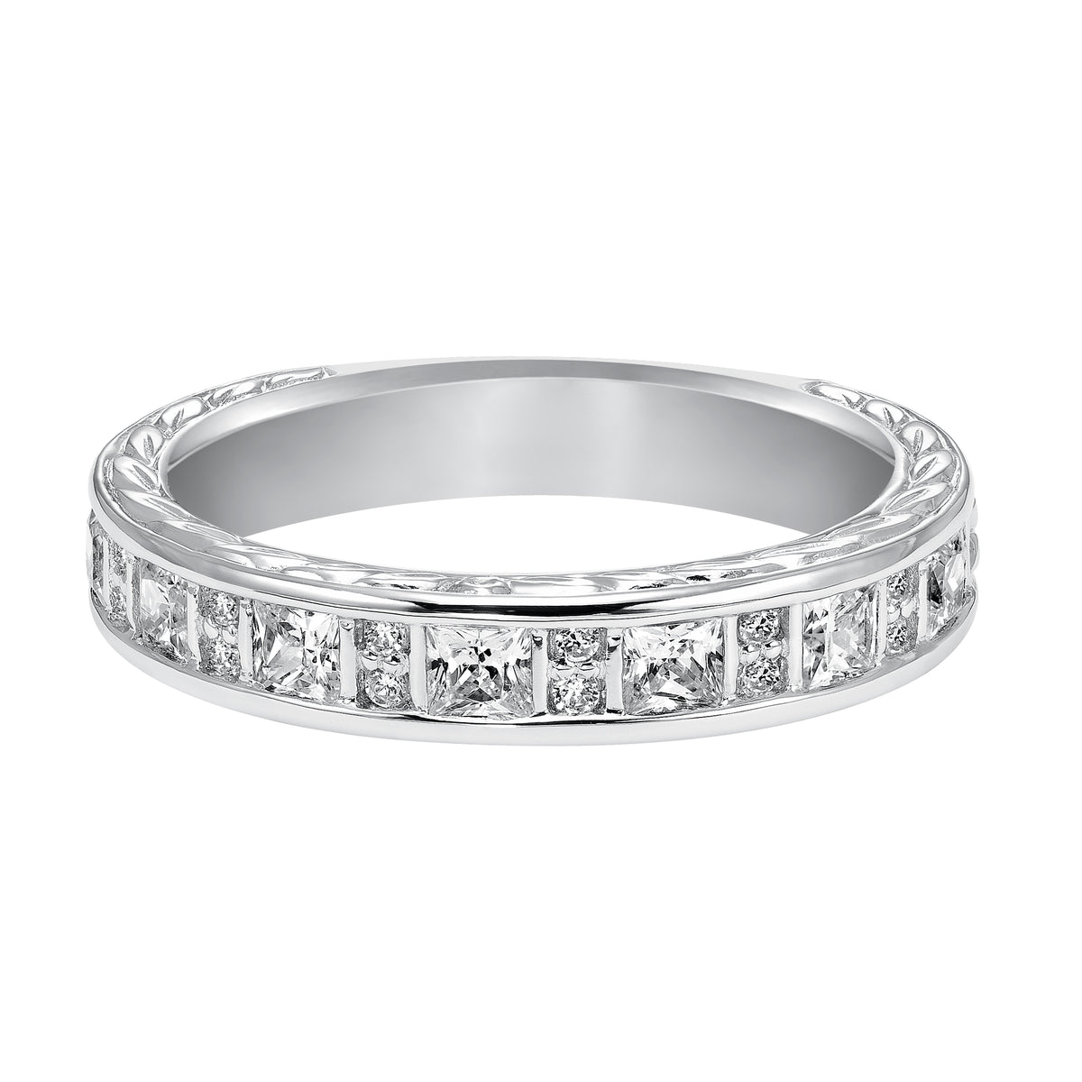 Wedding band with round and princess cut diamonds and engraved design.