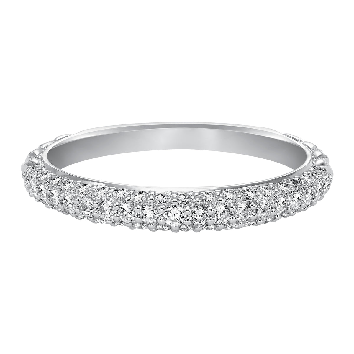 Wedding band with bead set, round diamonds and engraved design.