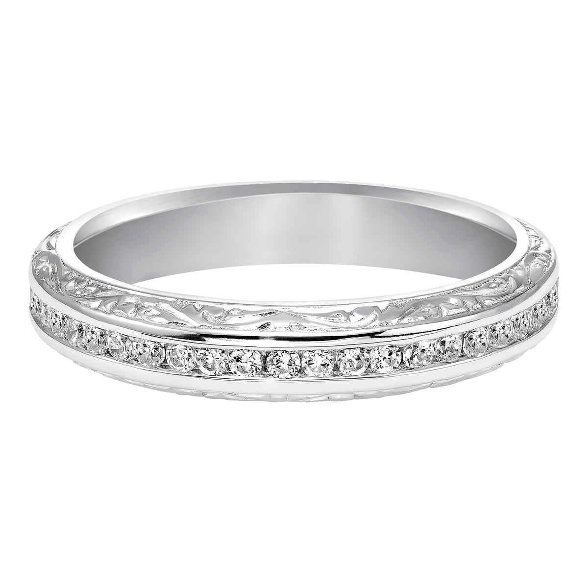 Wedding band with bead set, round diamonds and engraved design.