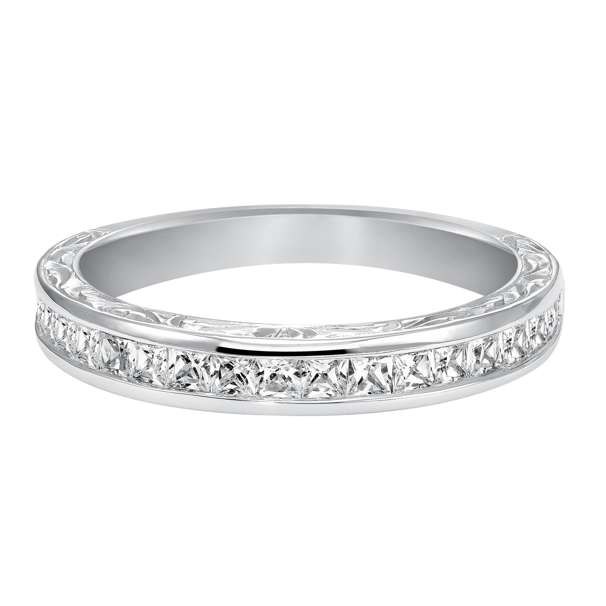Wedding band with bead set, round diamonds and engraved design.