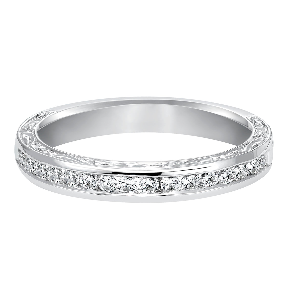 Wedding band with bead set, round diamonds and engraved design.