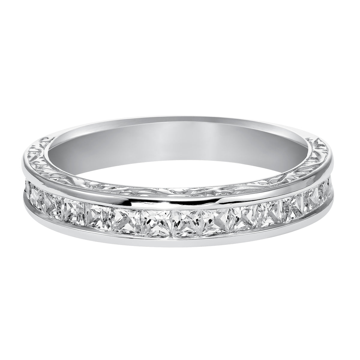 Wedding band with channel set, princess cut diamonds and engraved design.