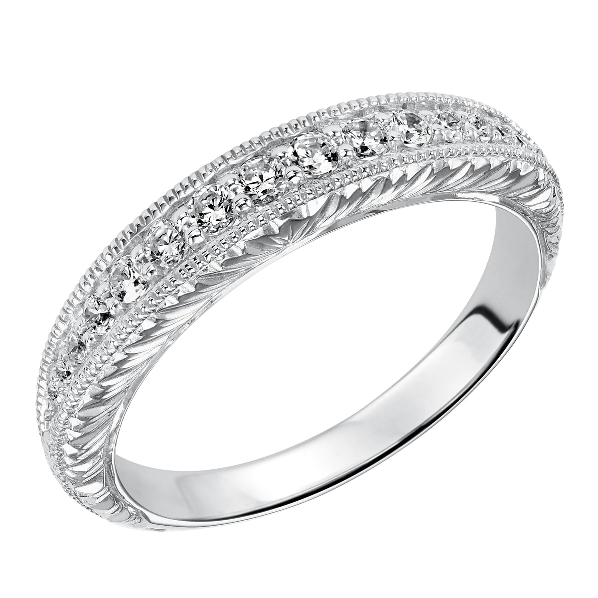 Wedding band with bead set, round diamonds, milgrain and engraved design.