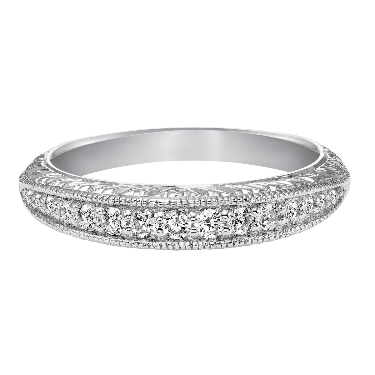 Wedding band with bead set, round diamonds, milgrain and engraved design.