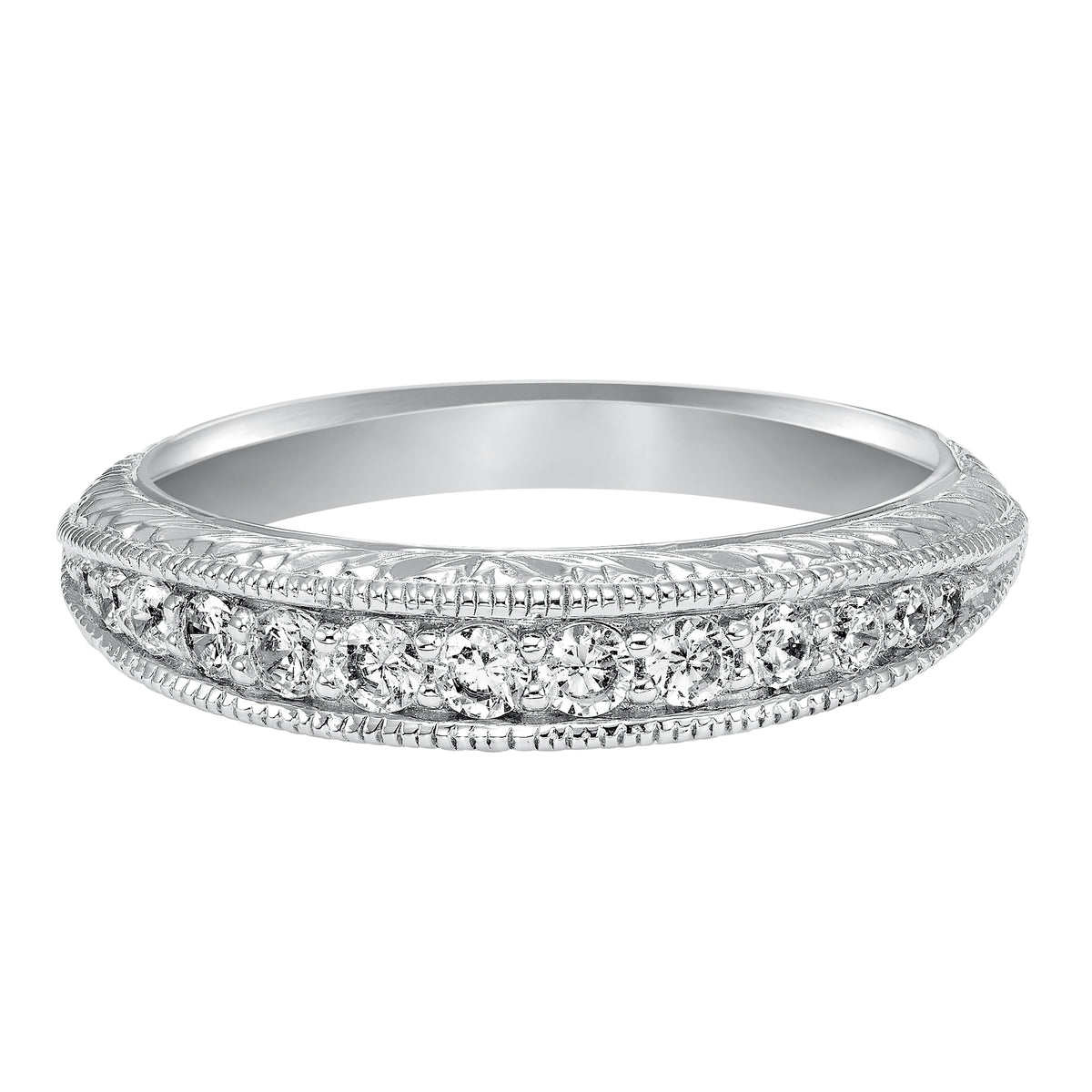 Wedding band with bead set, round diamonds, milgrain and engraved design.