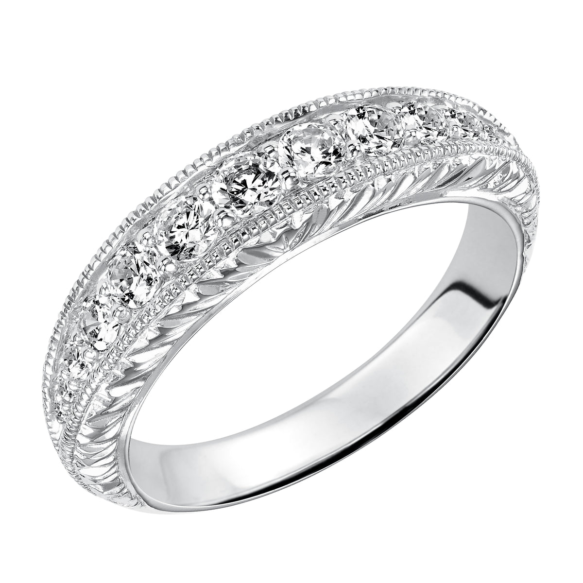 Wedding band with bead set, round diamonds, milgrain and engraved design.