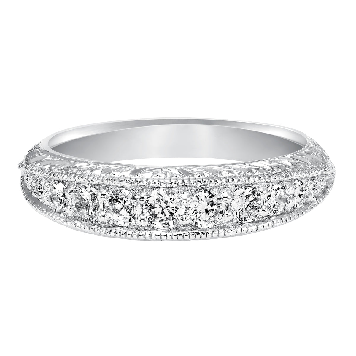 Wedding band with bead set, round diamonds, milgrain and engraved design.
