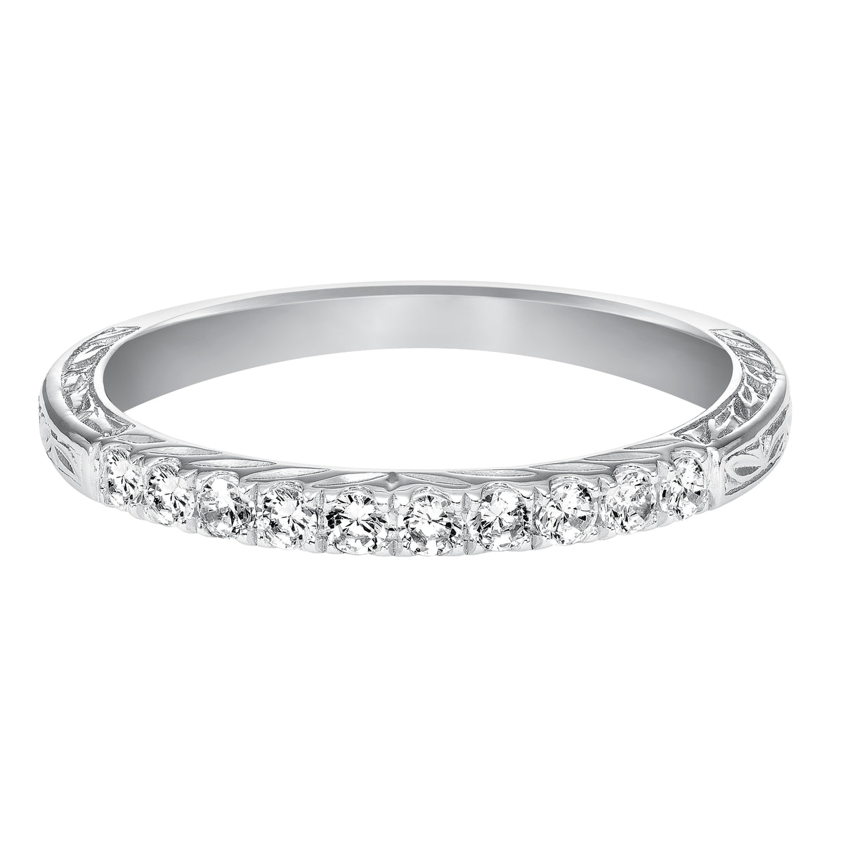 Wedding band with prong set, round diamonds, milgrain and engraved design.