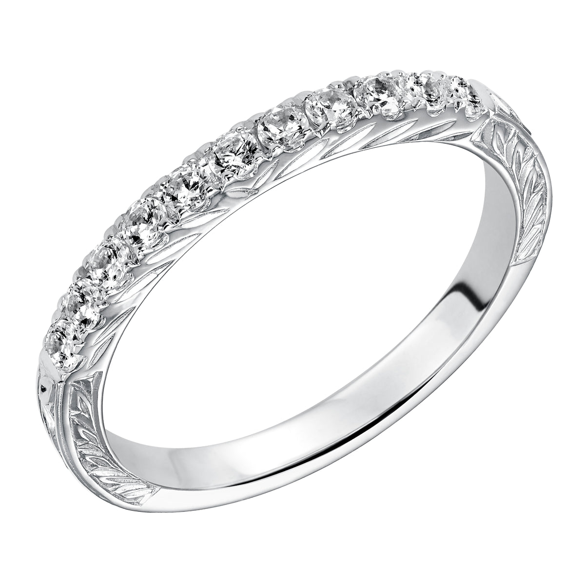 Wedding band with round, bead set diamonds and engraved design.