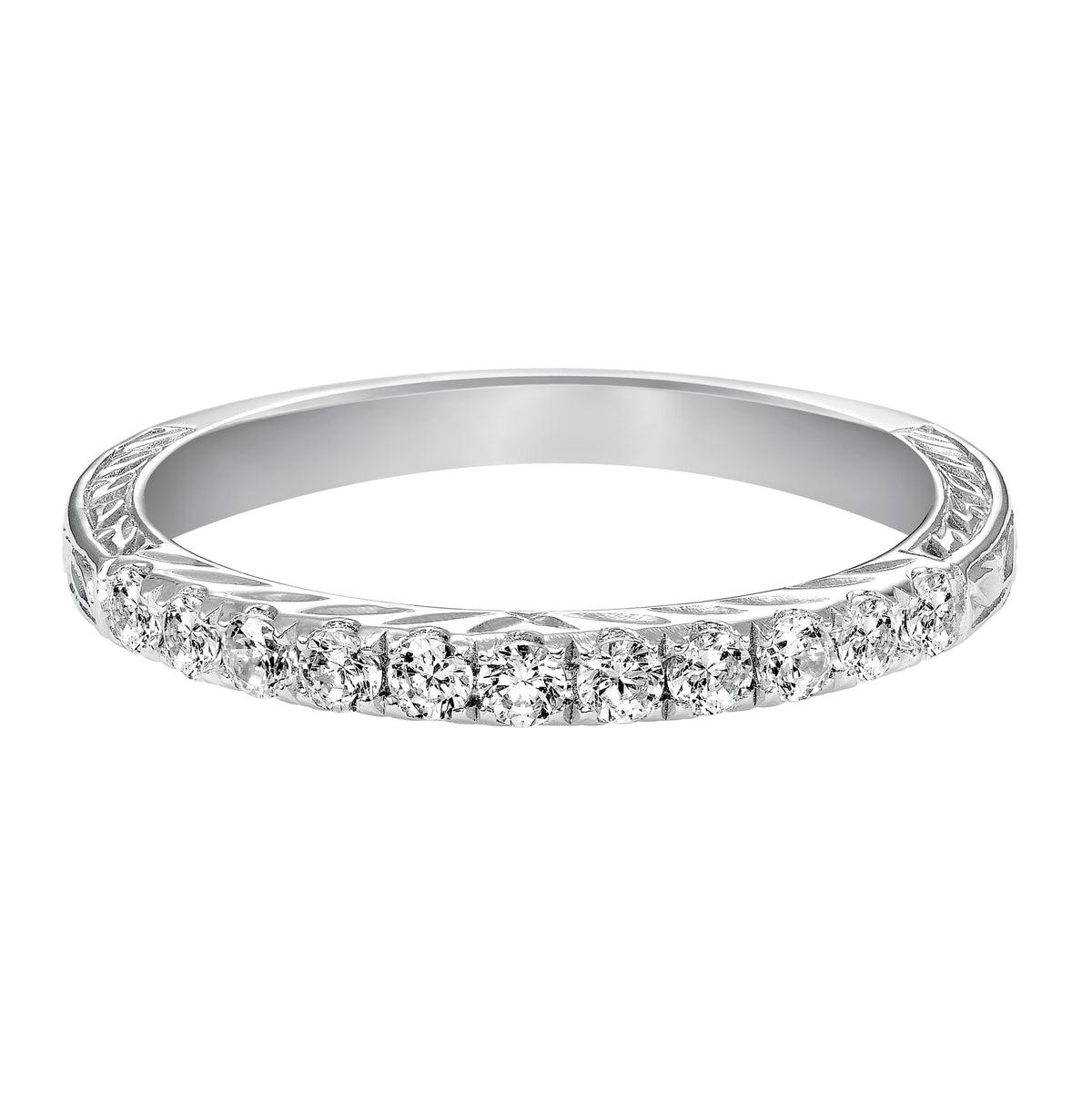 Wedding band with round, bead set diamonds and engraved design.