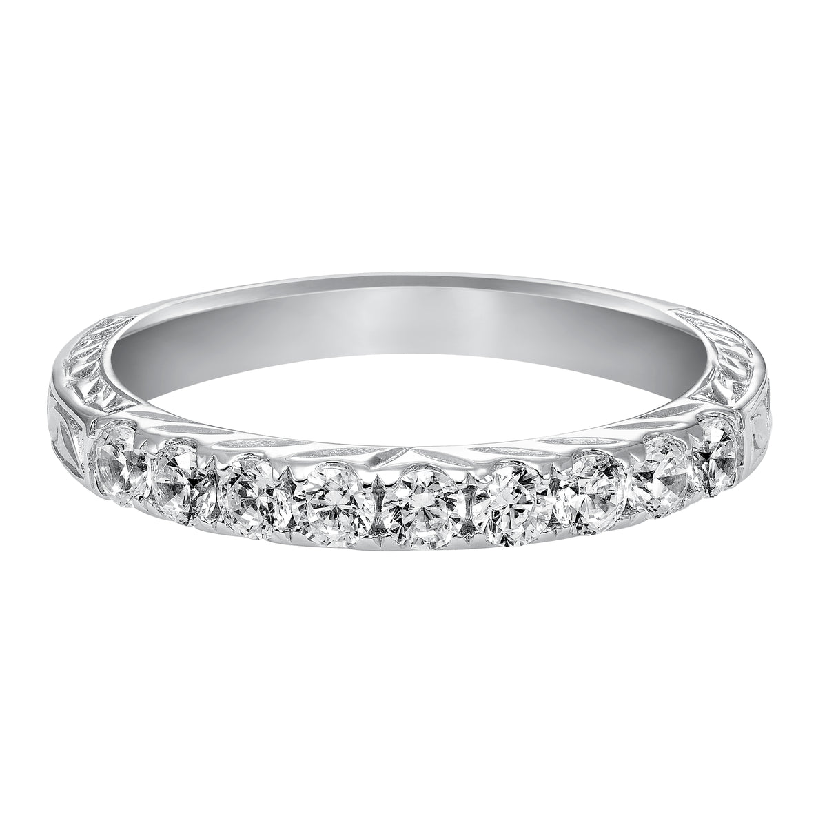 Wedding band with round, bead set diamonds and engraved design.