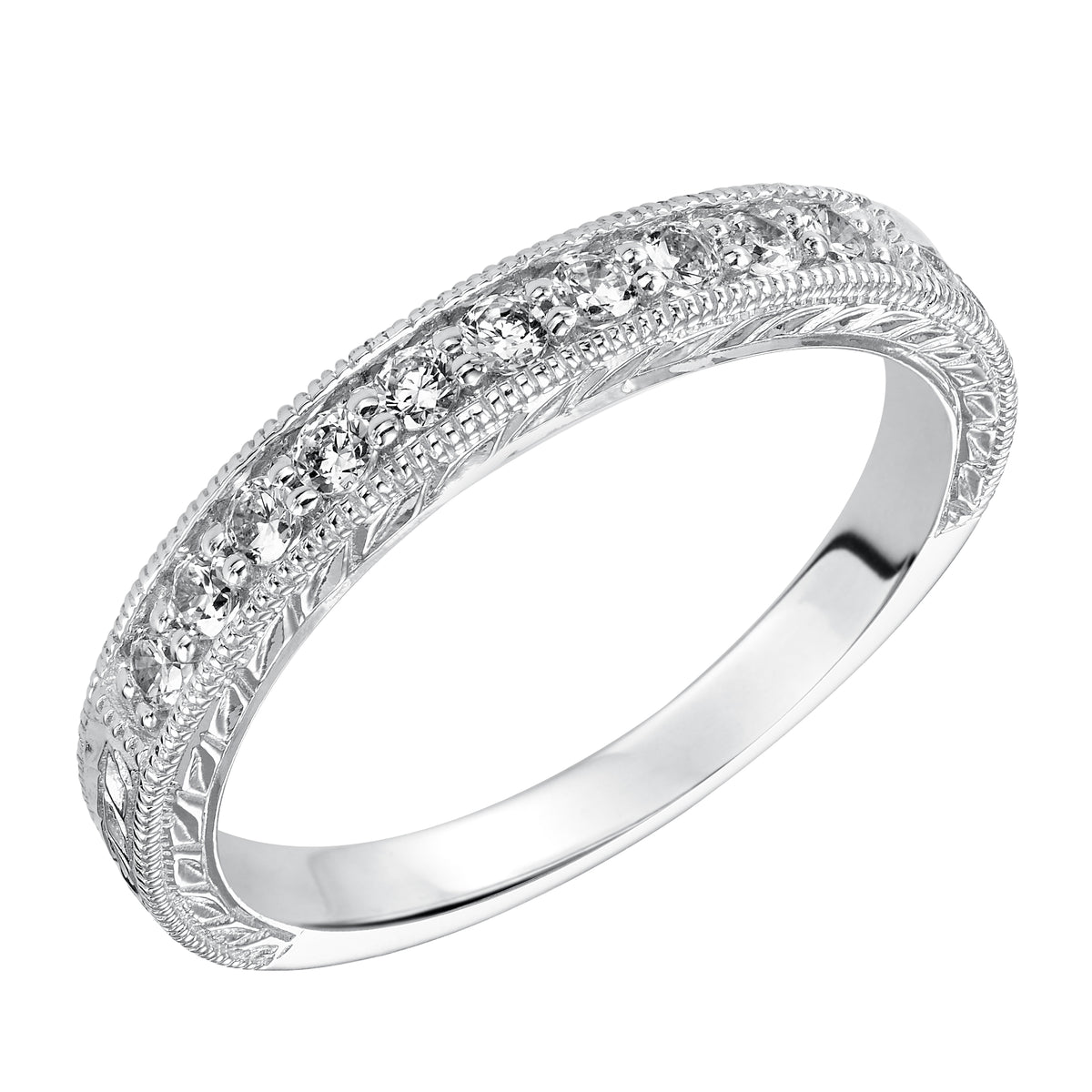 Wedding band with bead set, round diamonds, milgrain and engraved design.