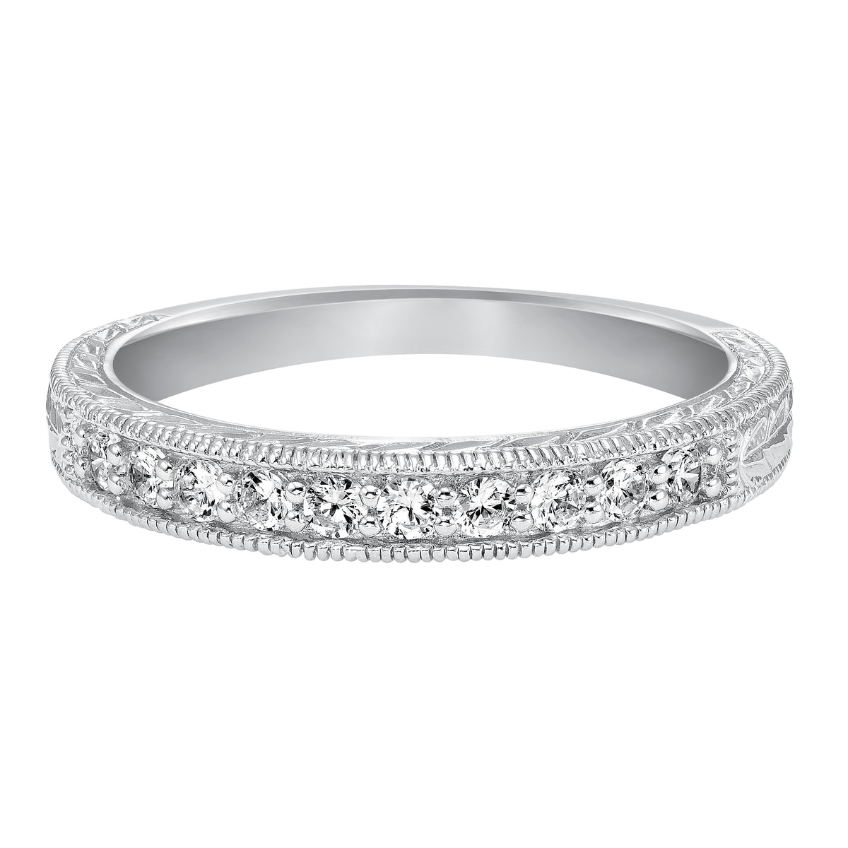 Wedding band with bead set, round diamonds, milgrain and engraved design.