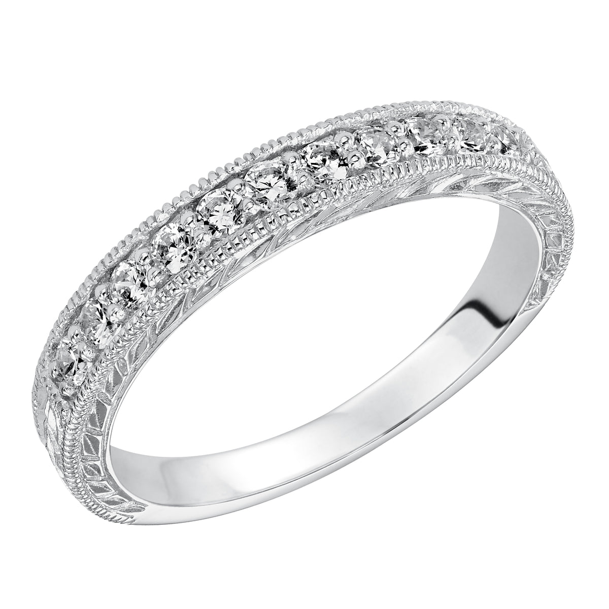 Wedding band with bead set, round diamonds, milgrain and engraved design.
