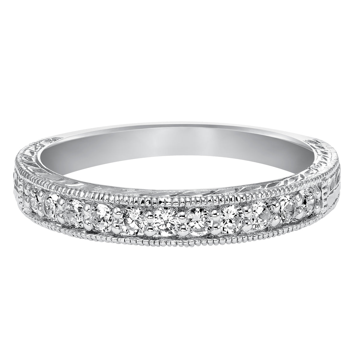 Wedding band with bead set, round diamonds, milgrain and engraved design.