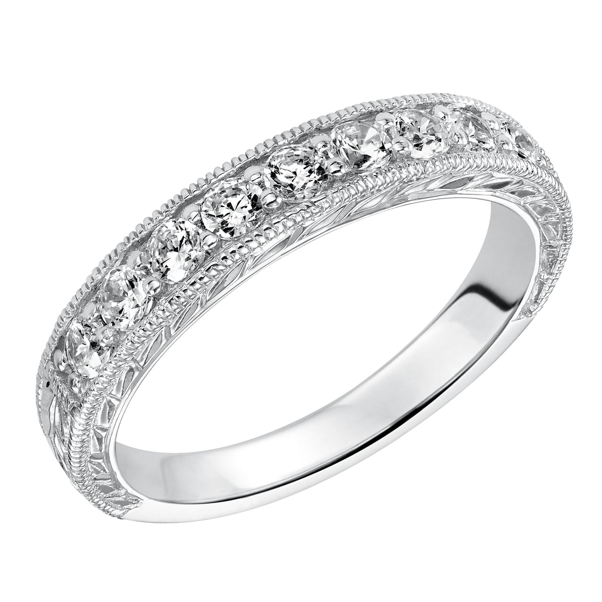 Wedding band with bead set, round diamonds, milgrain and engraved design.