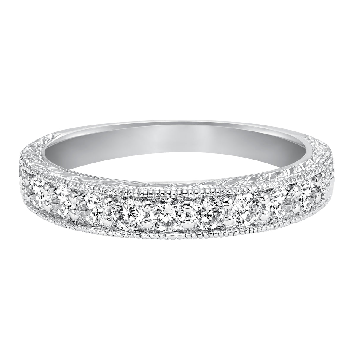 Wedding band with bead set, round diamonds, milgrain and engraved design.
