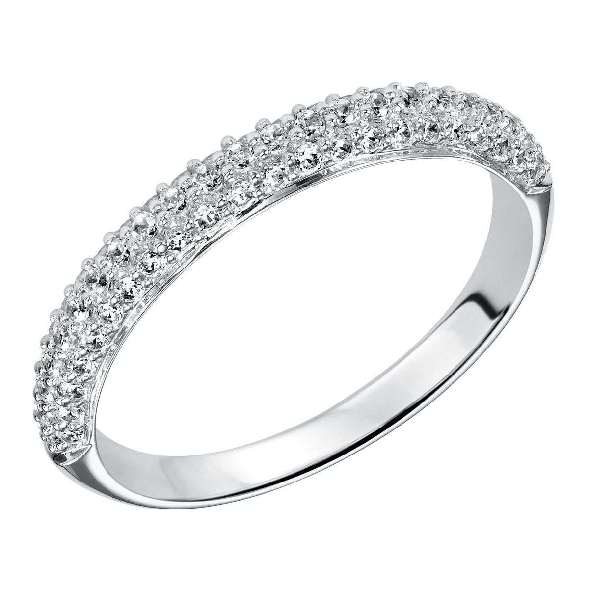 Wedding band with multi-row, round, bead set diamonds.