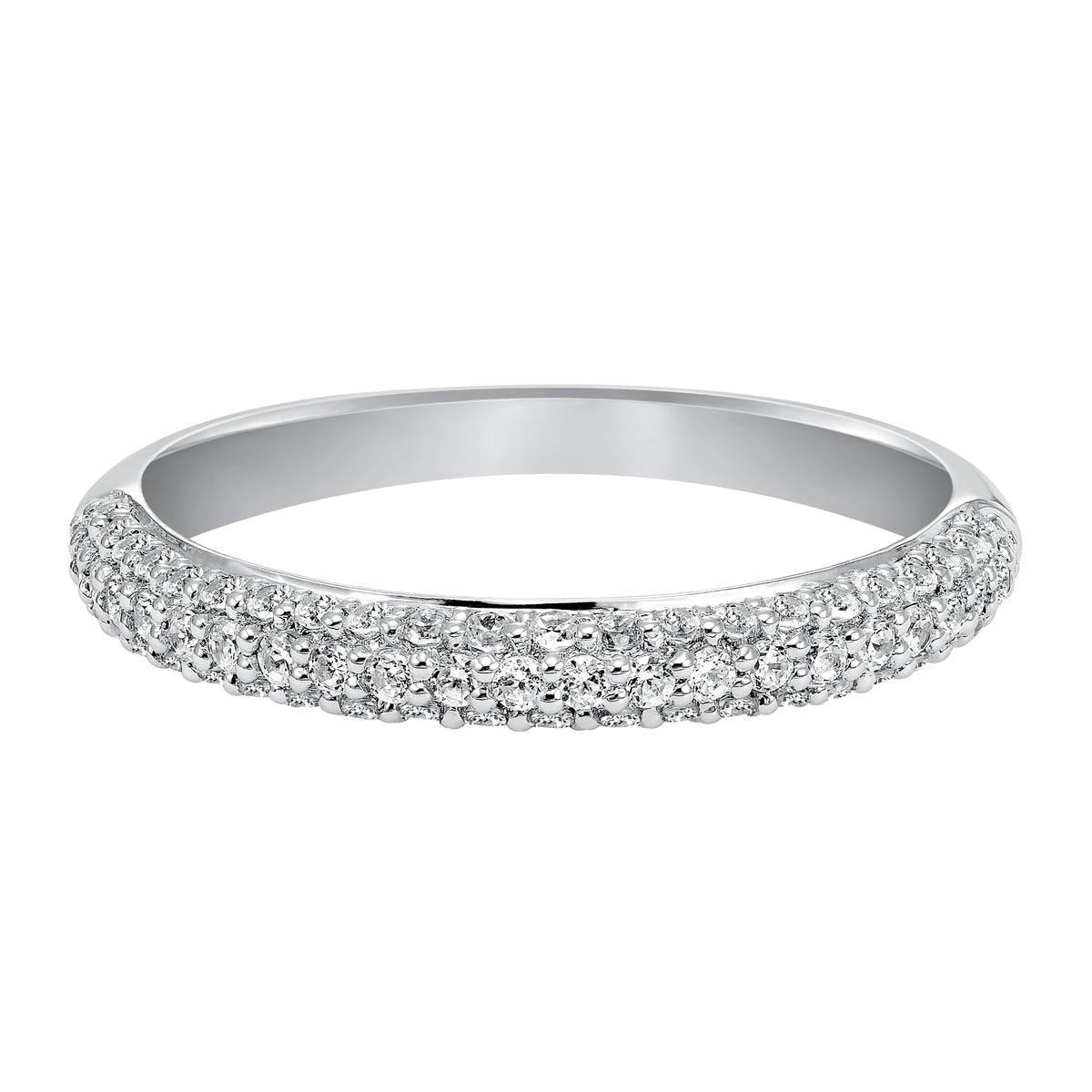 Wedding band with multi-row, round, bead set diamonds.