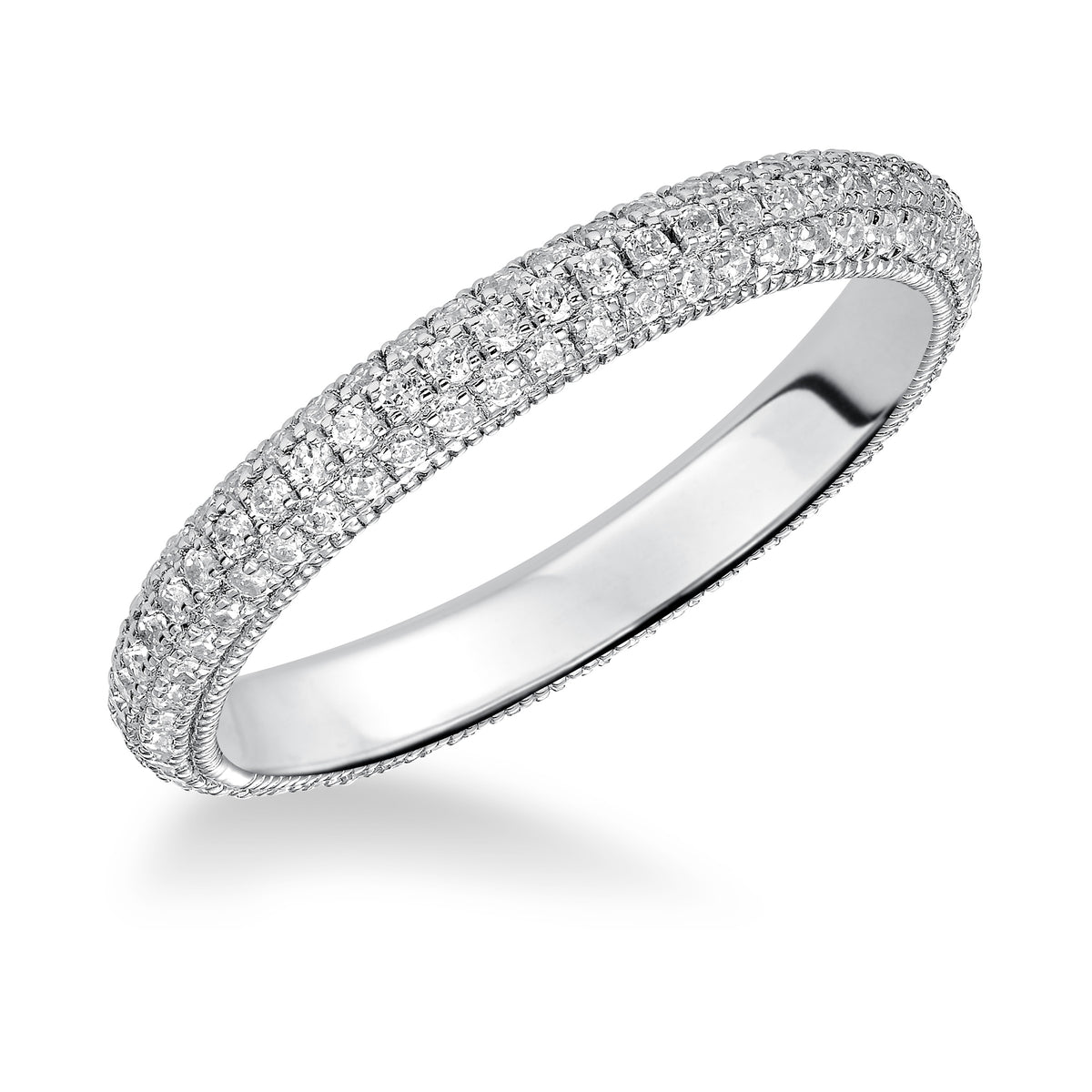 Eternity wedding band with multi-row, round, bead set diamonds and milgrain accents.