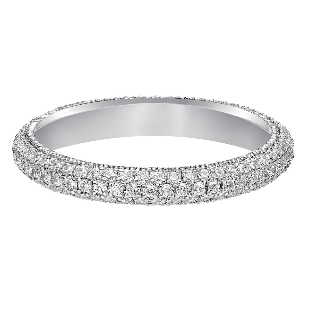 Eternity wedding band with multi-row, round, bead set diamonds and milgrain accents.