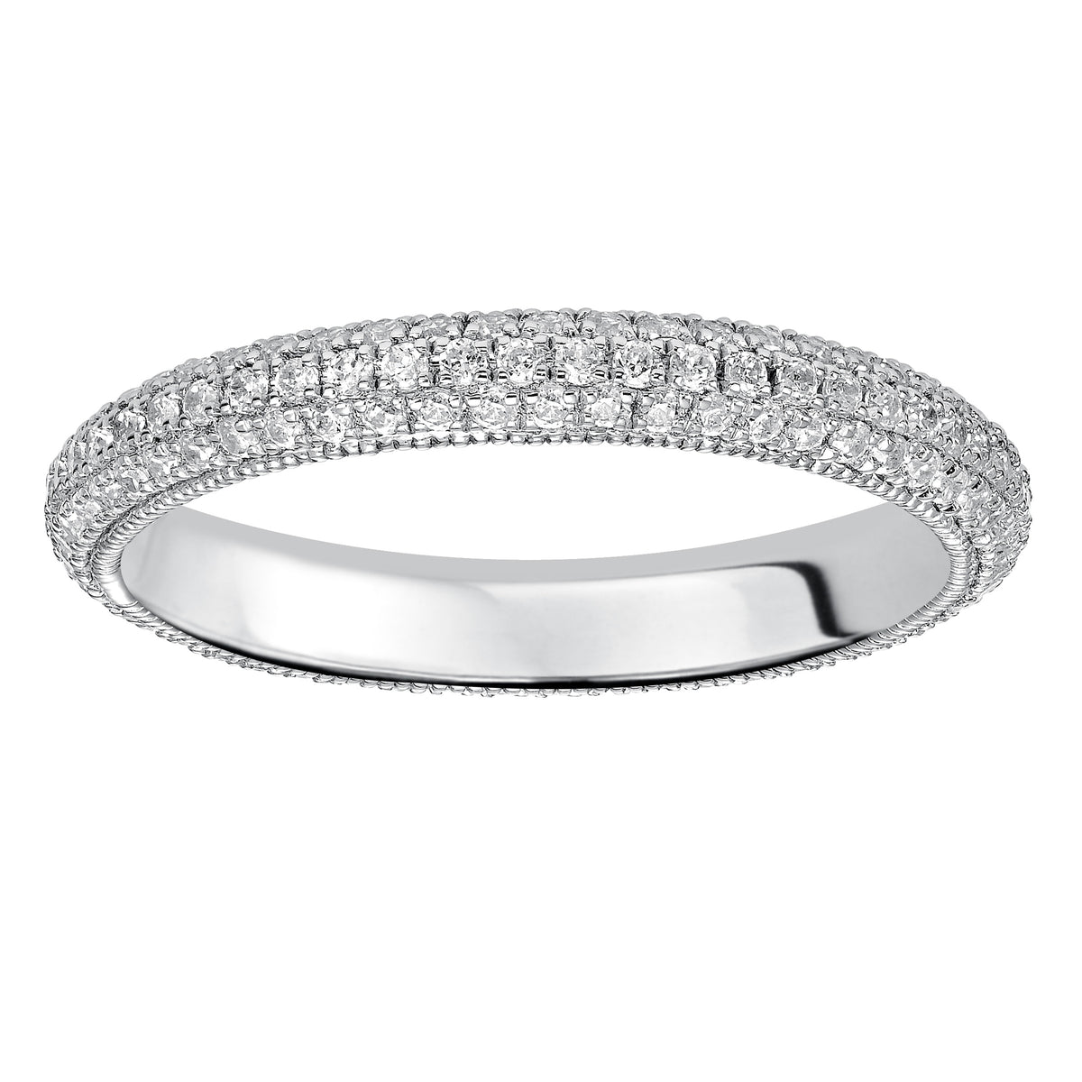 Eternity wedding band with multi-row, round, bead set diamonds and milgrain accents.