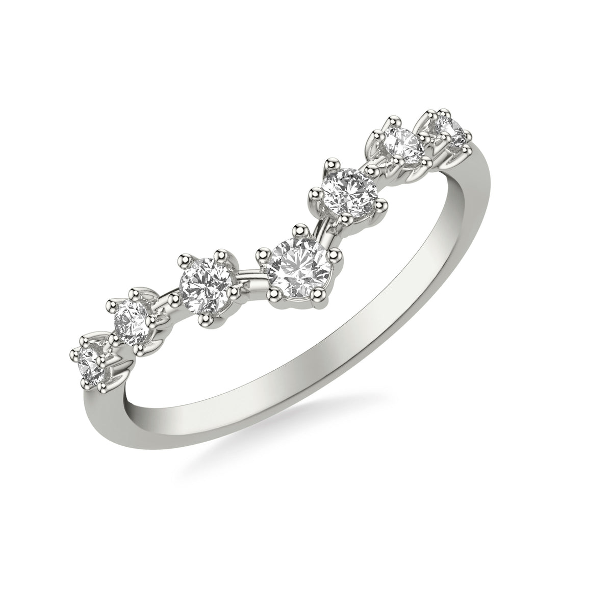 Contemporary V Curved Stackable Band with Multi-Prong Set Evenly Spaced Diamonds