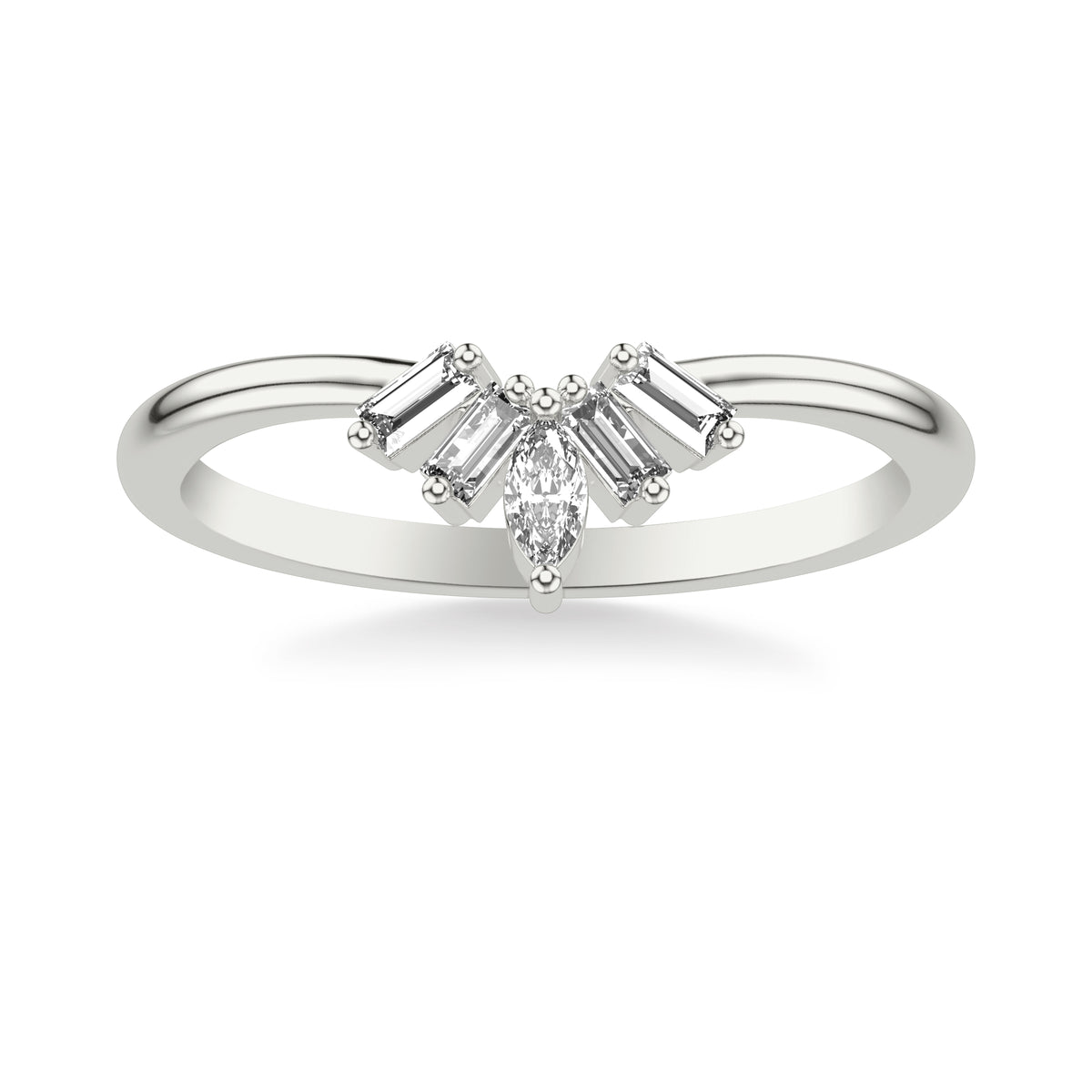 Contemporary Curved Stackable Polished Band with Marquise Diamond Accent and Side Baguettes