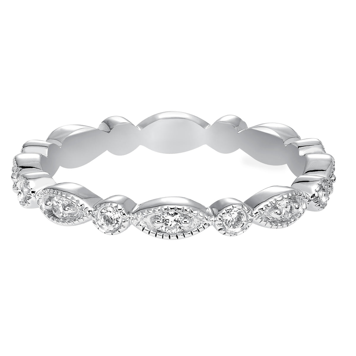 Wedding band featuring a geometric-inspired design with round diamonds and milgrain.