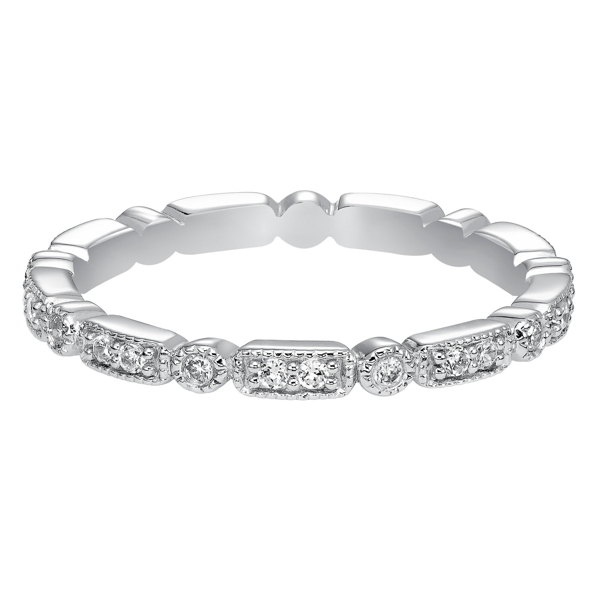 Wedding band featuring a geometric-inspired design with round diamonds and milgrain.