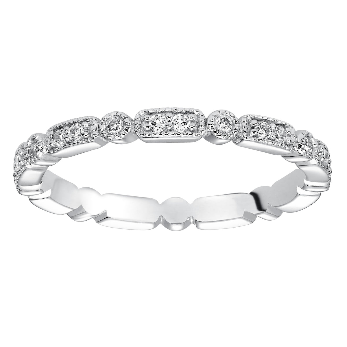 Wedding band featuring a geometric-inspired design with round diamonds and milgrain.