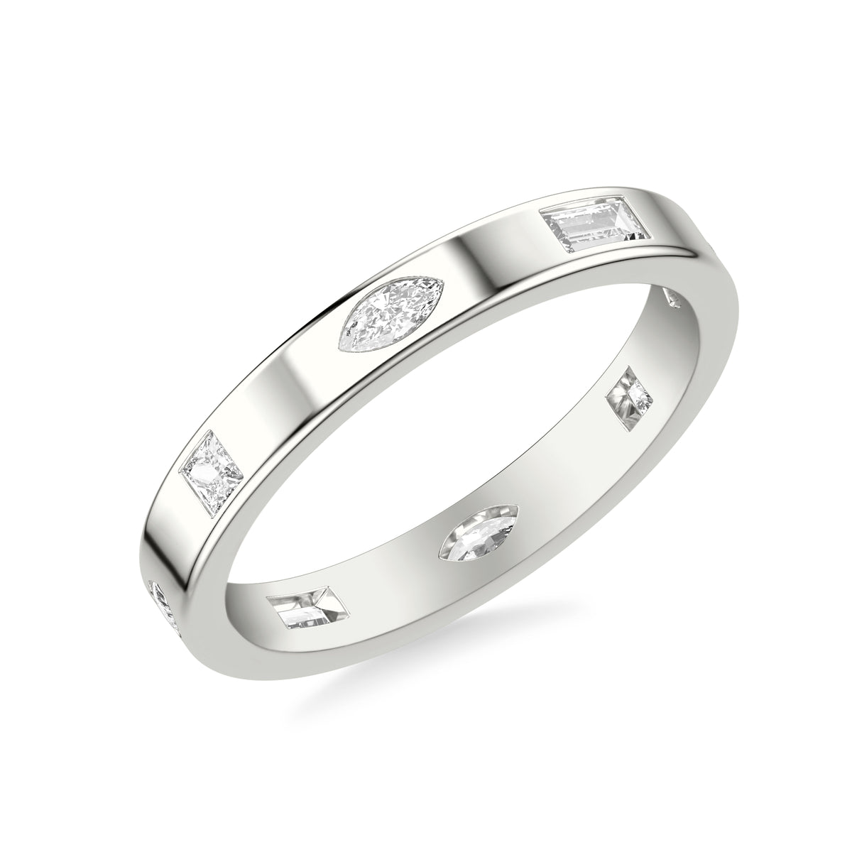 Contemporary Stackable with Bezel Set Princess and Marquise and Baguette Diamonds with Polished Band