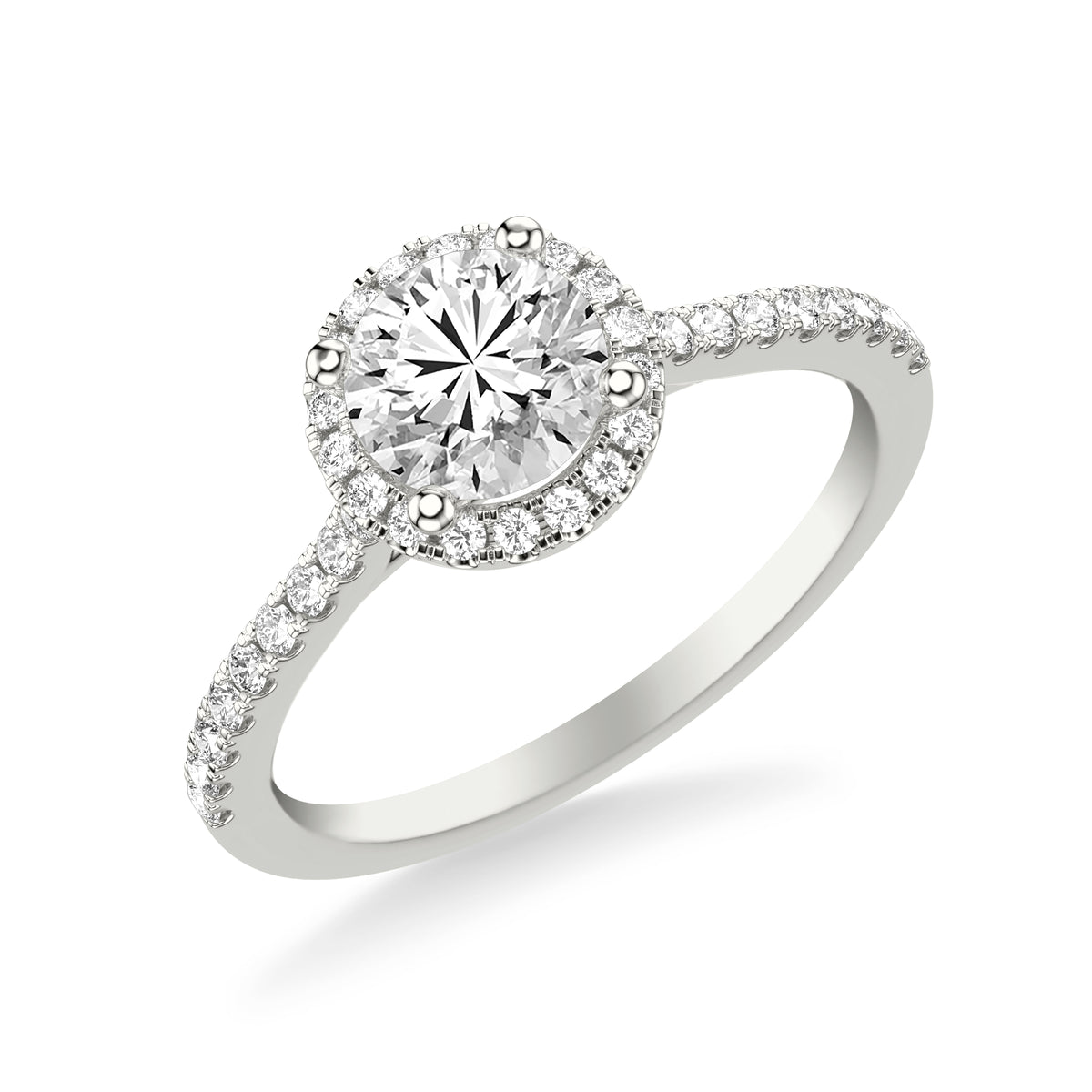 Traditional Diamond Round Halo Engagement Ring with Petite Diamond Shank Complete with Round Center Stone