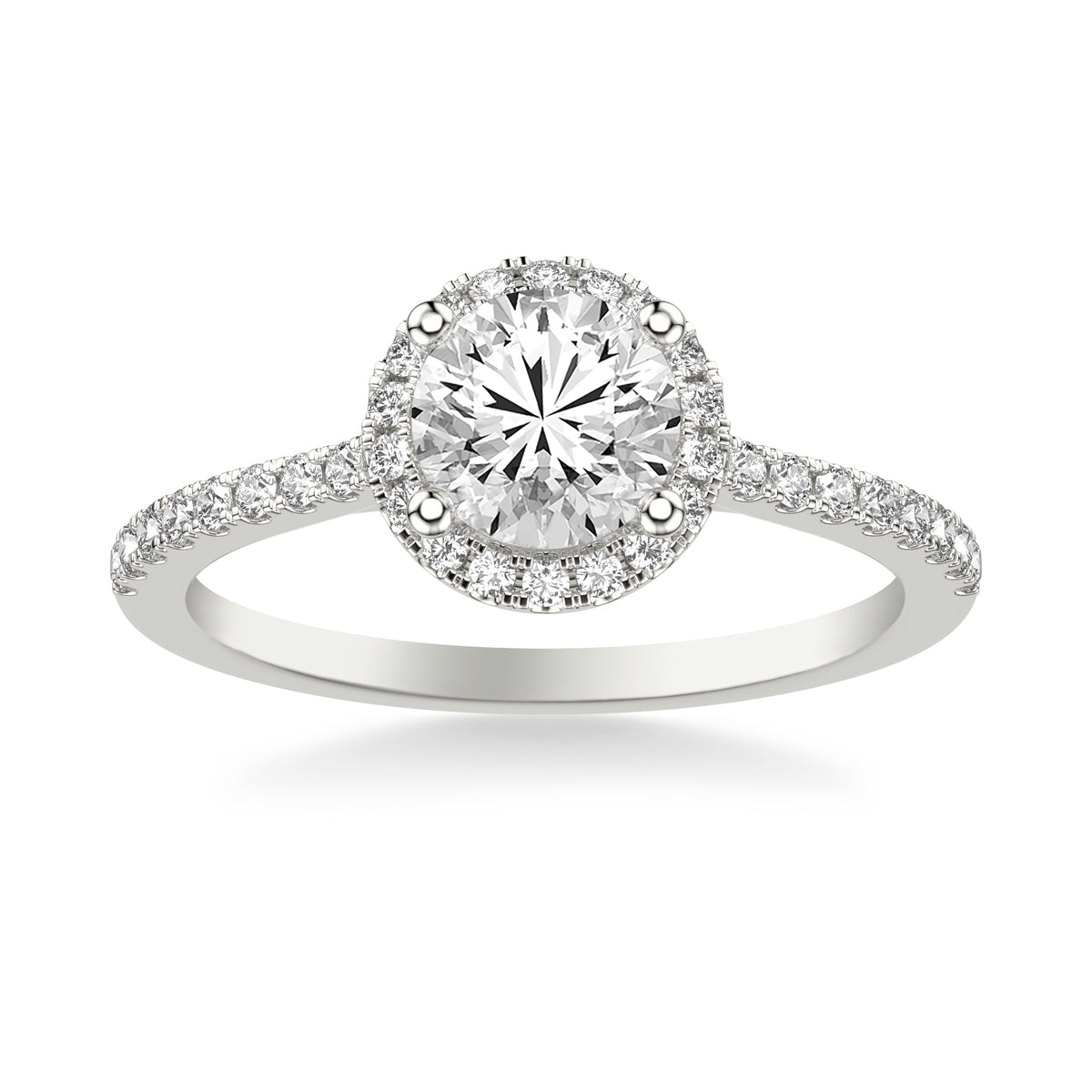Traditional Diamond Round Halo Engagement Ring with Petite Diamond Shank Complete with Round Center Stone