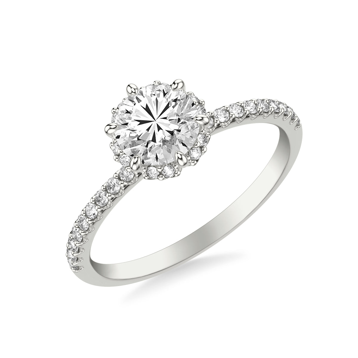Contemporary Round Hidden Halo Engagement Ring with Diamond Shank Complete with Round Center Stone