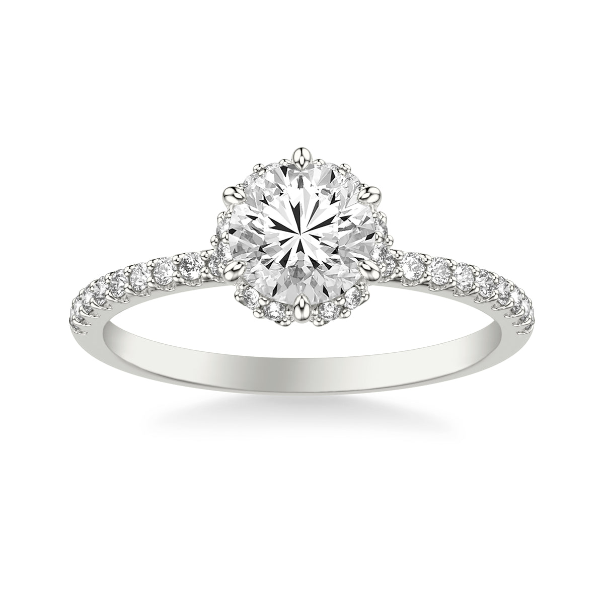 Contemporary Round Hidden Halo Engagement Ring with Diamond Shank Complete with Round Center Stone