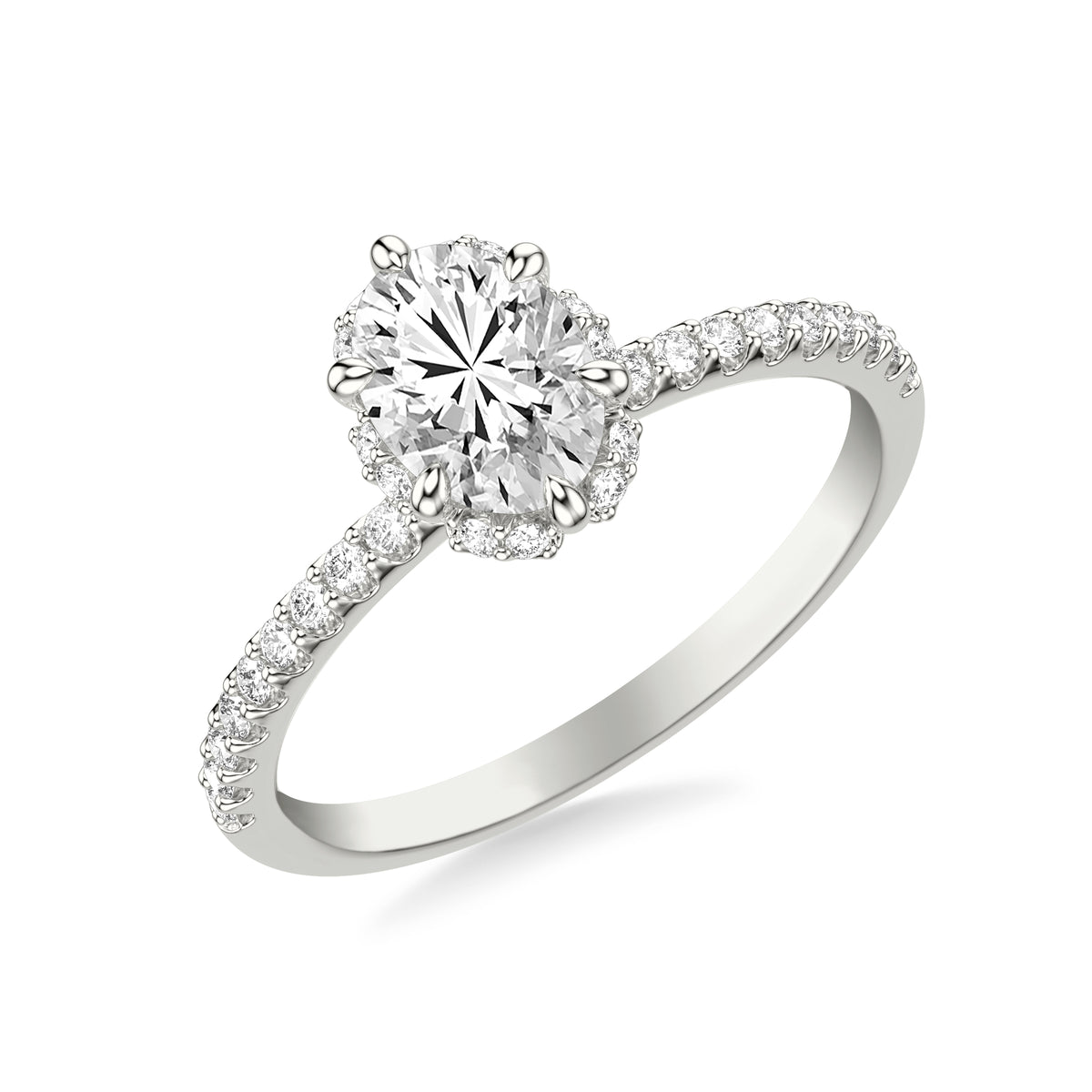 Contemporary Oval Hidden Halo Engagement Ring with Diamond Shank Complete with Oval Center Stone