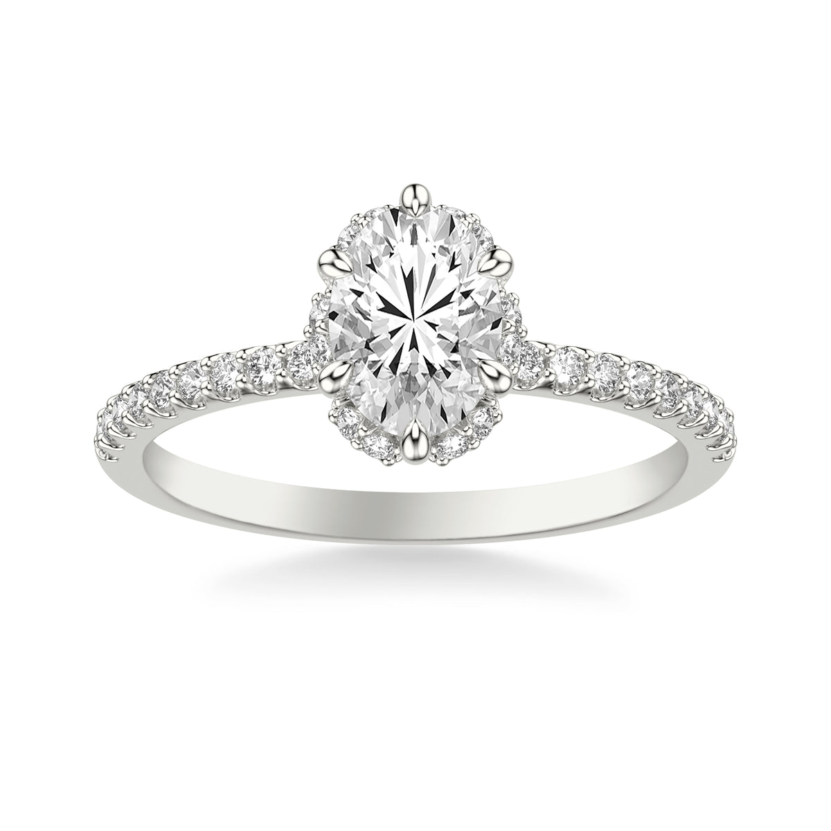 Contemporary Oval Hidden Halo Engagement Ring with Diamond Shank Complete with Oval Center Stone