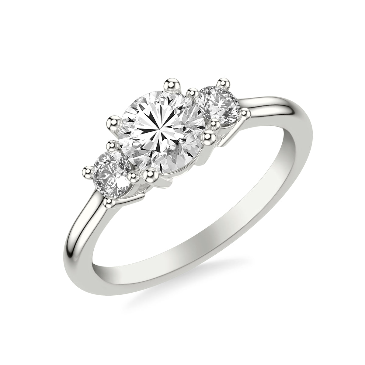 Three Stone Engagement Ring with Round Side Stones and  Polished Shank Complete with Center Stone