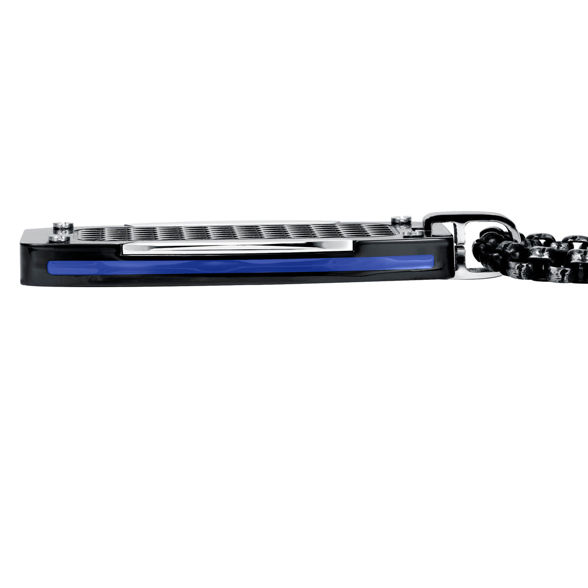 Black PVD & Triangular Shield Textured 316L Stainless Steel Tag with Electric Blue Racing Stripe Side Inlay & Black Diamond Accent
