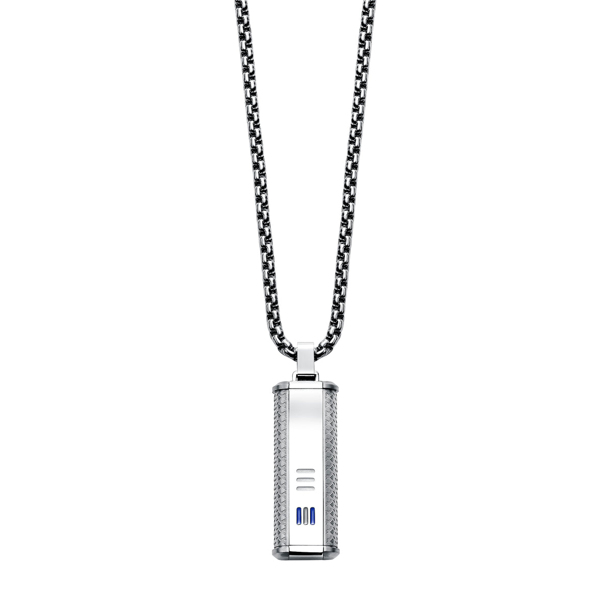 Gray PVD 316L Stainless Steel Knurled Pendant with Steel Panel with Electric Blue & Midnight Chroma Lacquer Racing Stripes & Black Diamond Accent