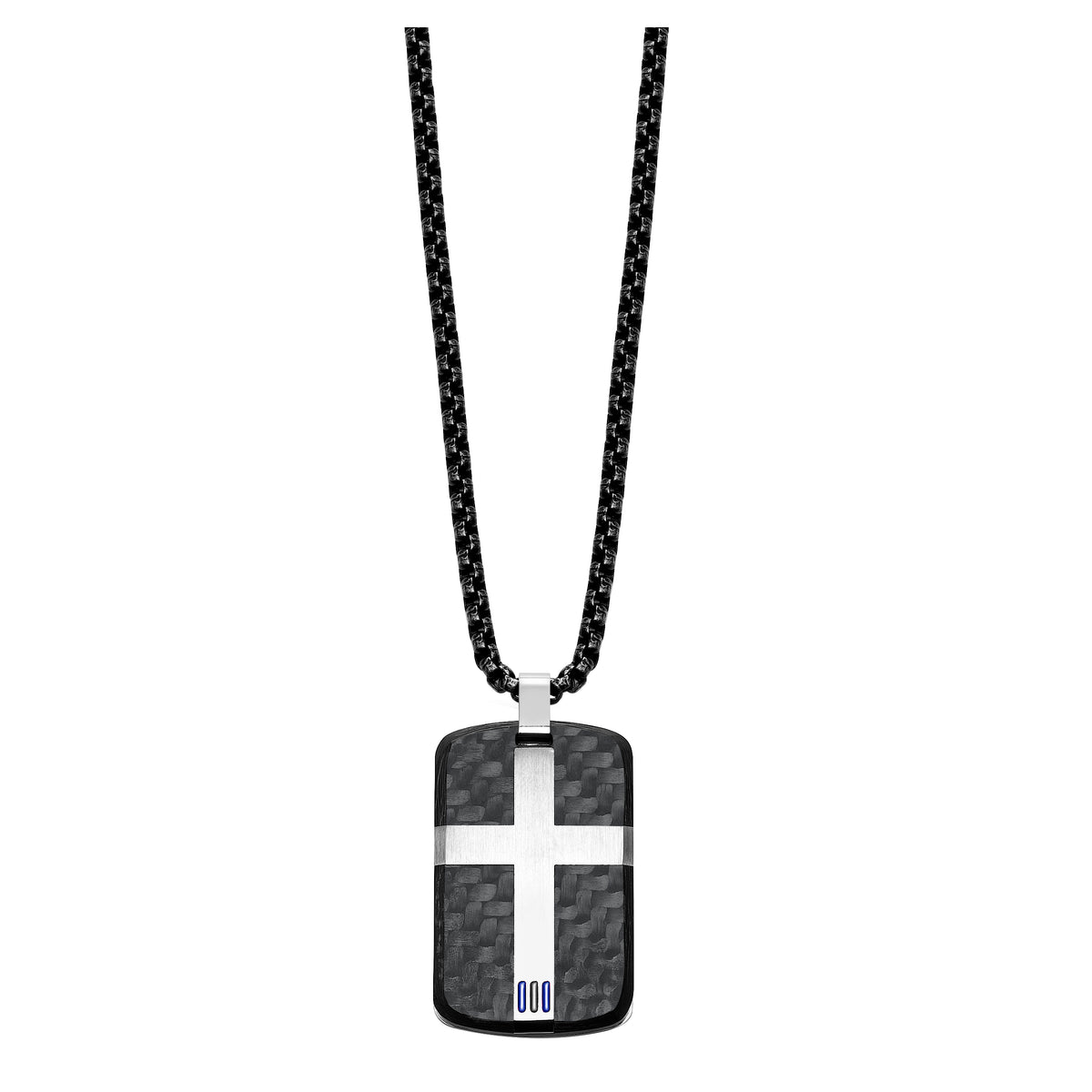 Black 3K Carbon Fiber & 316L Stainless Steel Tag with Cross Inlay with Electric Blue & Midnight Chroma Lacquer Racing Stripes & Black Diamond Accent