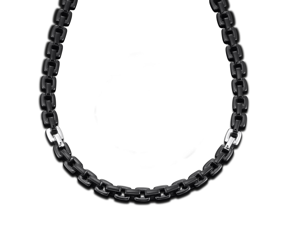 Stainless steel black PVD square box necklace with polished link accents