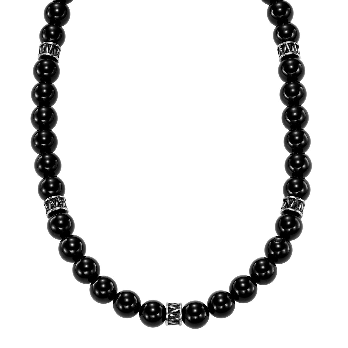 Onyx Stone Bead and Steel Rondelle Necklace with toggle clasp
